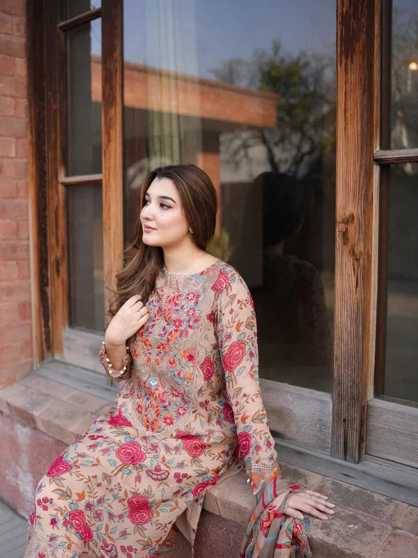 Aneelas Lawn Embroidered & Printed 3 Piece Dress