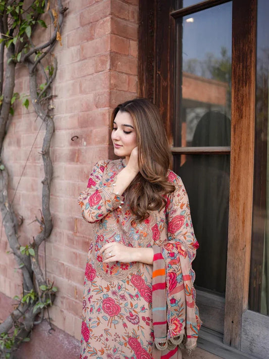 Aneelas Lawn Embroidered & Printed 3 Piece Dress