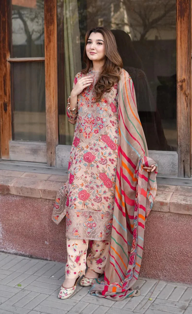 Aneelas Lawn Embroidered & Printed 3 Piece Dress