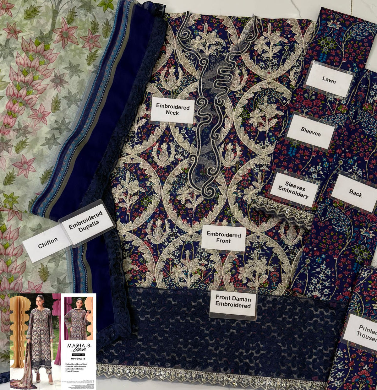 Maria B Embroidered Lawn Ensemble with Pearl Detailing